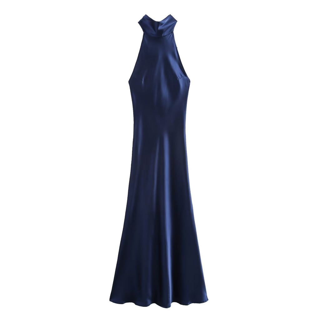 Winter Hanging Collar Silk Satin Maxi Dress