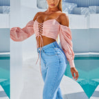 Women's Off Shoulder Tube Lace Up Bare Cropped Slim Fit T-Shirt