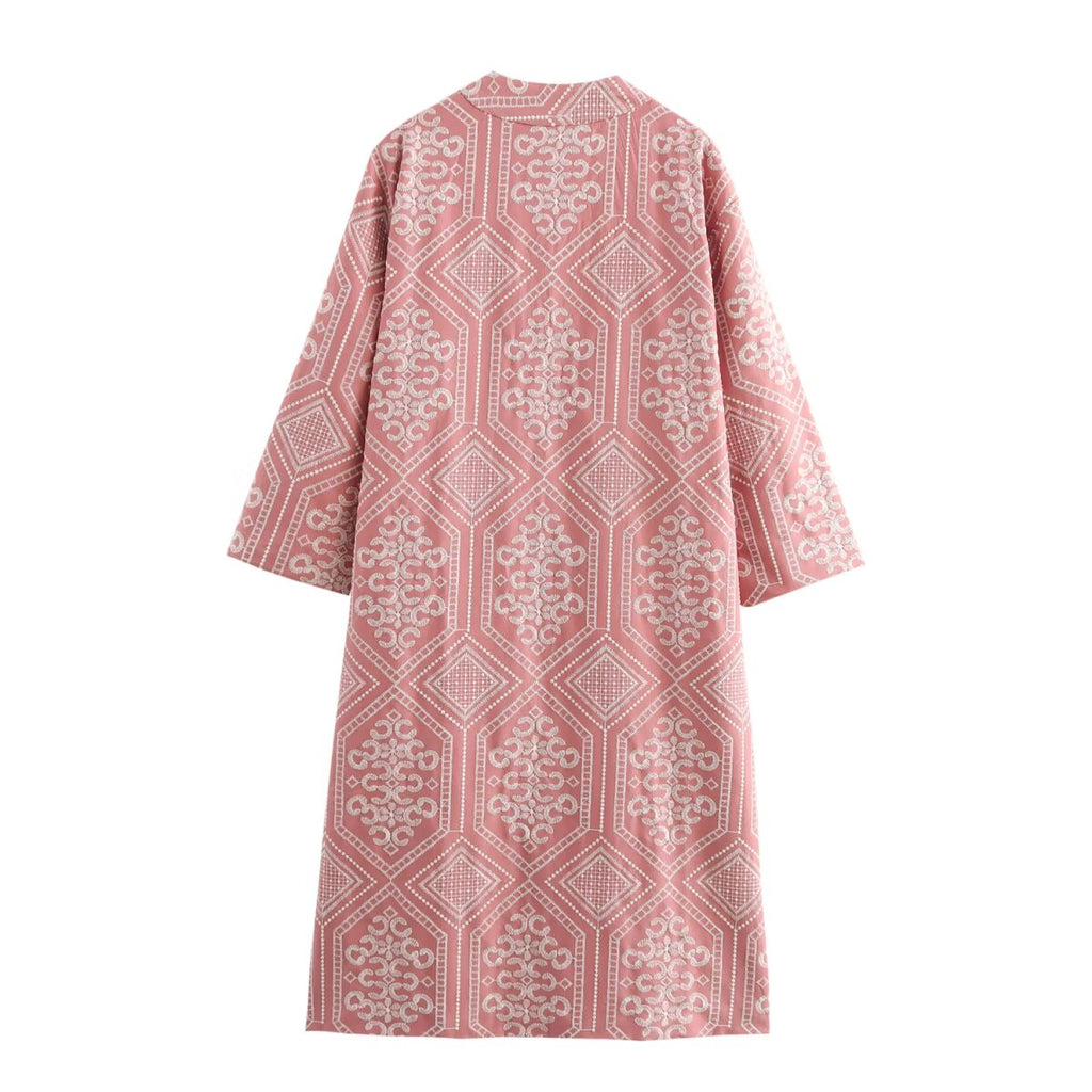 Women's Winter Embroidery Vacation Kimono Coat Straight Leg Pants Set