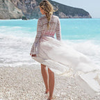 White rayon cover-up swimwear, embroidered yoke, draped fabric with flowing hem
