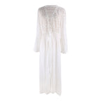 White rayon cover-up swimwear, flat lay: embroidered top, drawstring waist, long sleeves