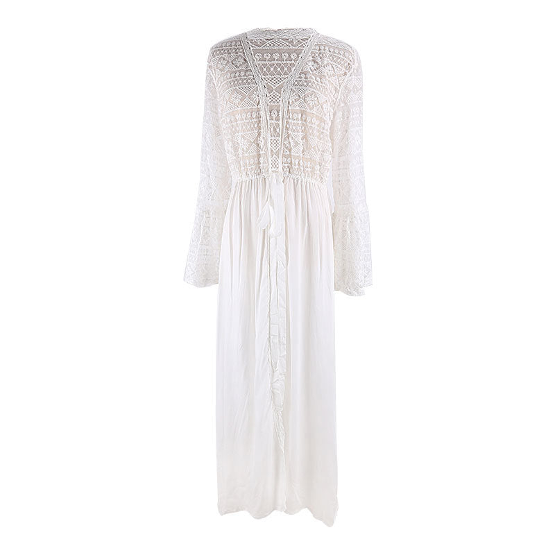 White rayon cover-up swimwear, flat lay: embroidered top, drawstring waist, long sleeves