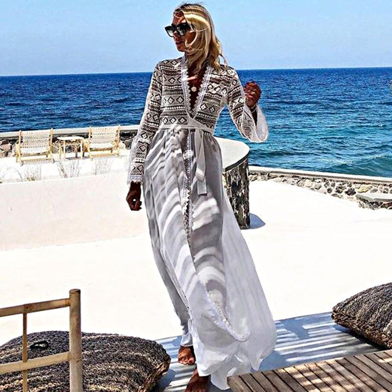 White rayon cover-up swimwear, V-neck embroidered bodice, long flared sleeves