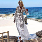 White rayon cover-up swimwear, V-neck embroidered bodice, long flared sleeves