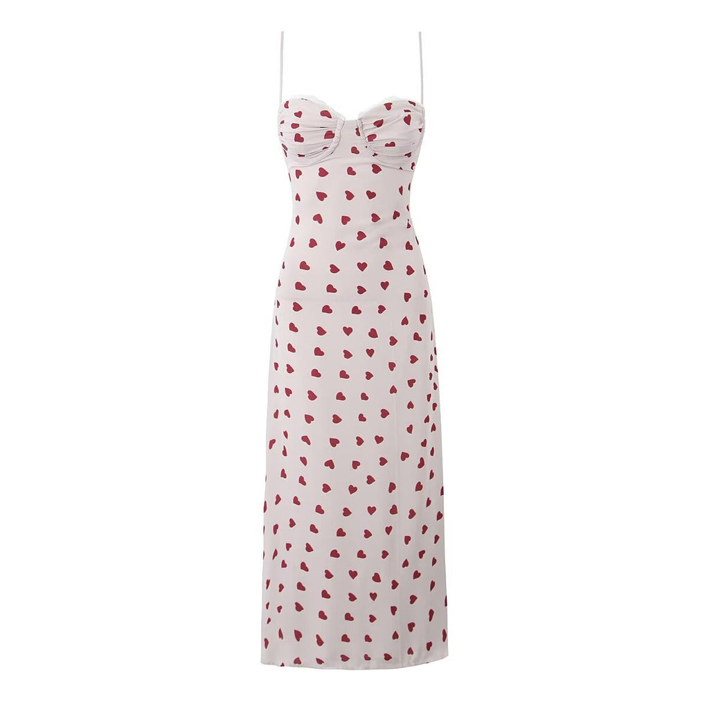 Winter Heart Print Suspender Lace Stitched Backless Dress