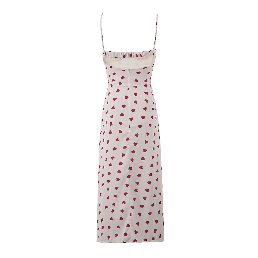 Winter Heart Print Suspender Lace Stitched Backless Dress