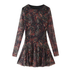 Women's Women's's Autumn Winter Retro Printing Silk Net Waist Round Neck Long Dress