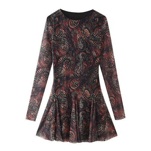 Autumn Winter Retro Printing Silk Net Waist Slimming round Neck Long Sleeve Short Dress