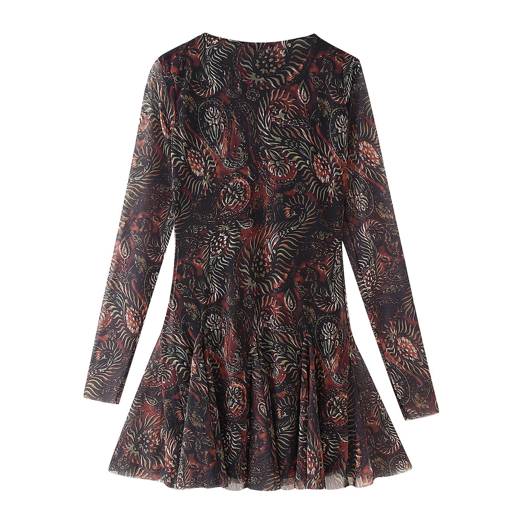 Women's Women's's Autumn Winter Retro Printing Silk Net Waist Round Neck Long Dress