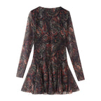 Women's Women's's Autumn Winter Retro Printing Silk Net Waist Round Neck Long Dress