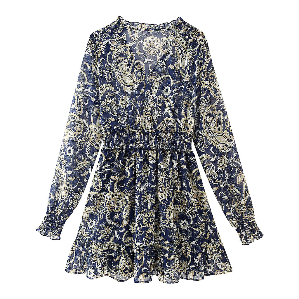 Printed V-Neck Mid-Length Chiffon Dress
