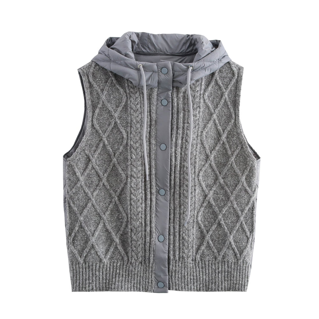 Fall Women Clothing Twist Quilted Cotton Patchwork Knitting Hooded Cardigan Vest