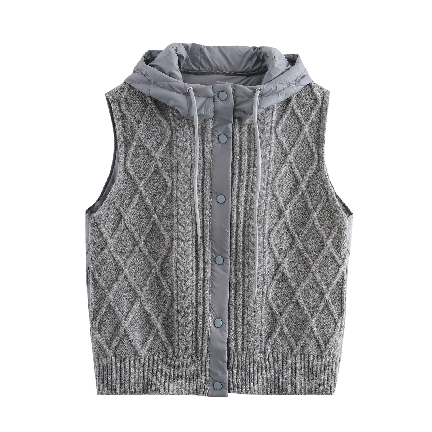 Fall Women Clothing Twist Quilted Cotton Patchwork Knitting Hooded Cardigan Vest