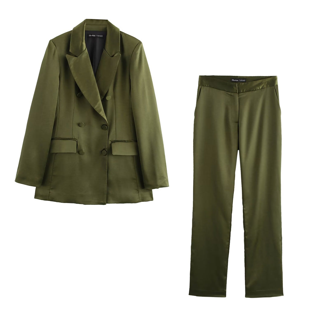 Double Breasted Silk Satin Texture Blazer Pant Two-Piece Set