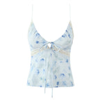 Blue Floral Lace-Up V-Neck Cami