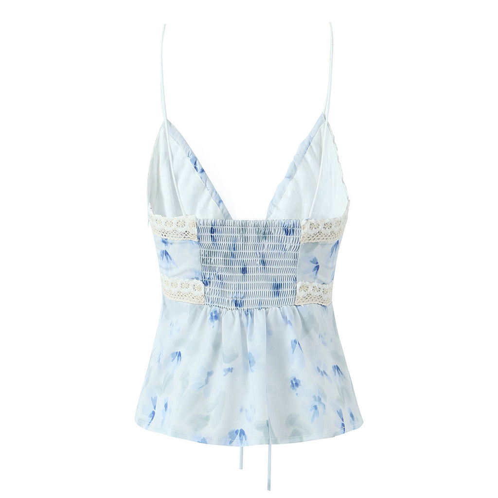 Blue Floral Lace-Up V-Neck Cami