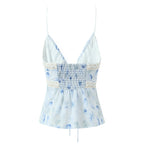 Blue Floral Lace-Up V-Neck Cami