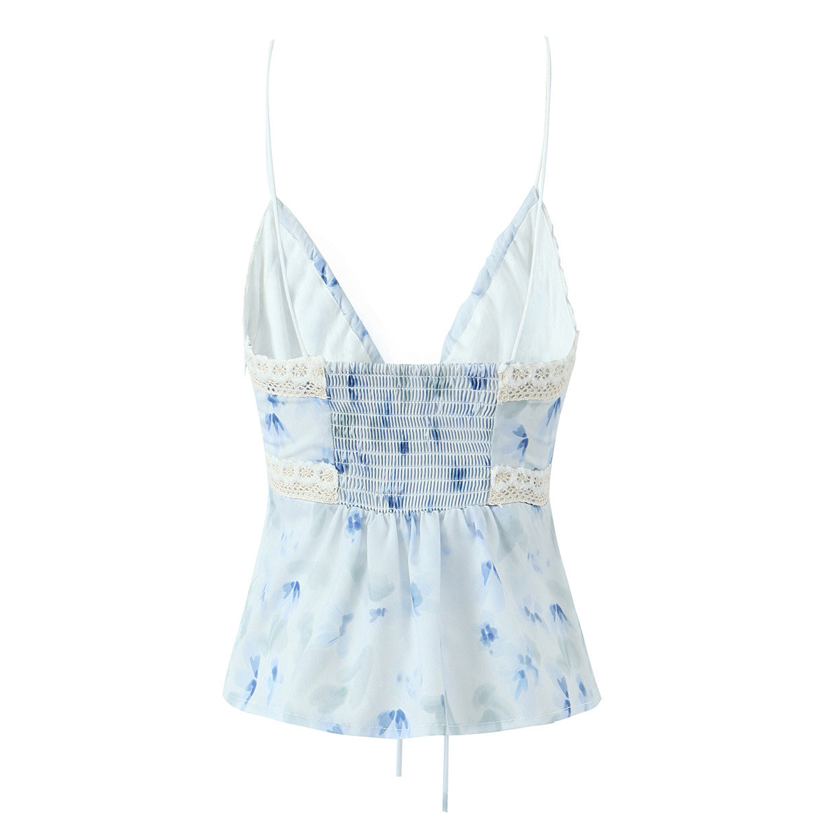 Blue Floral Lace-Up V-Neck Cami