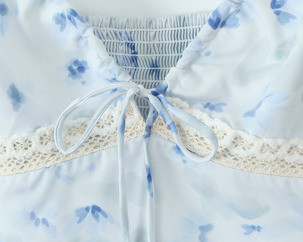 Blue Floral Lace-Up V-Neck Cami