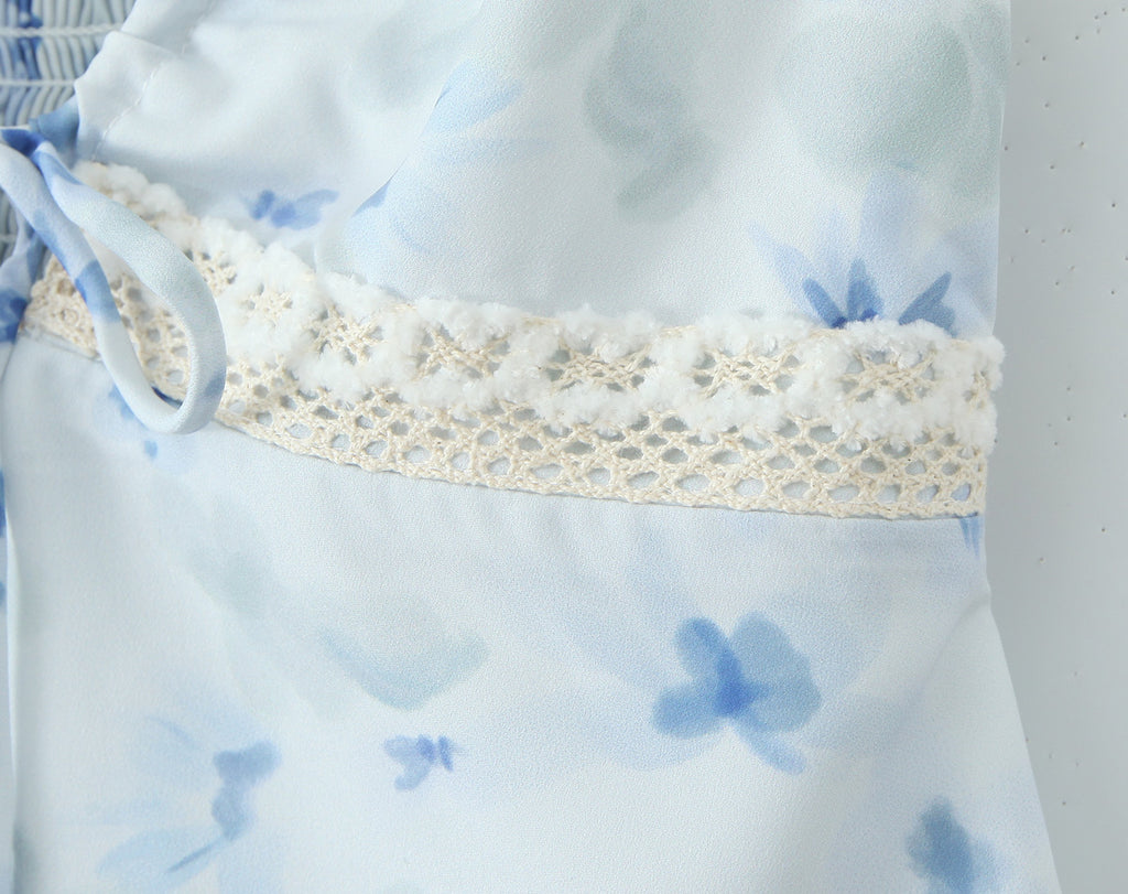 Blue Floral Lace-Up V-Neck Cami