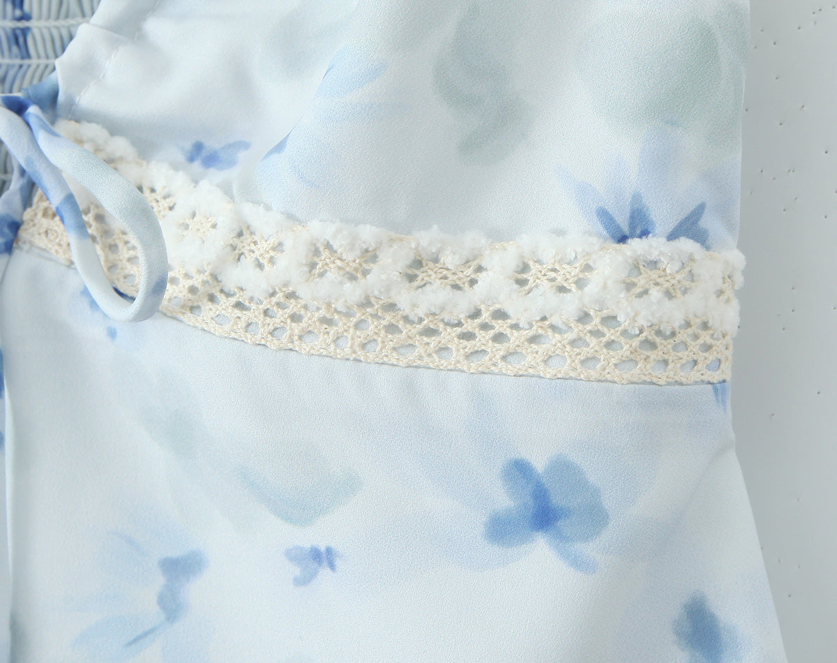 Blue Floral Lace-Up V-Neck Cami
