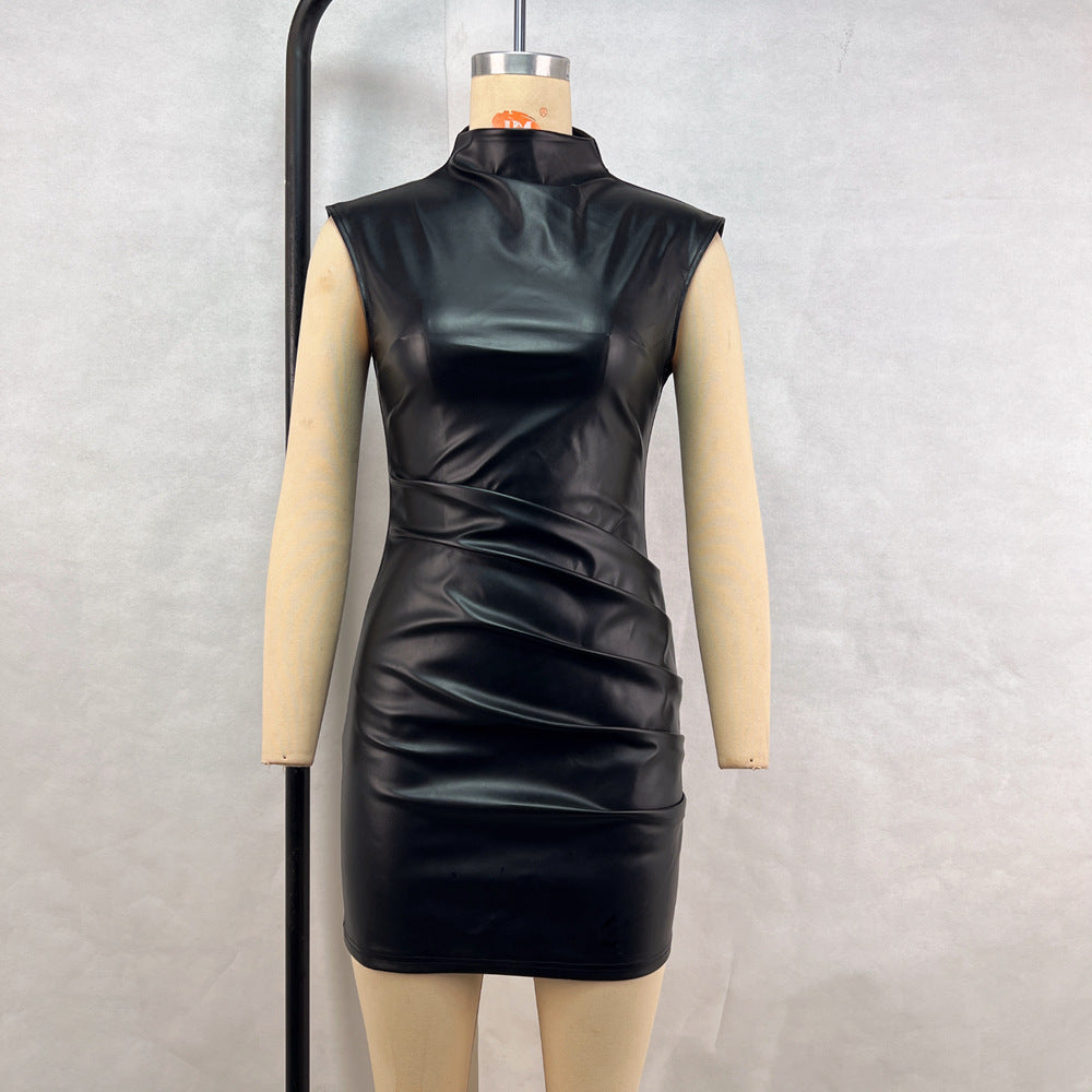 Women's Stand-Collar Faux-Leather Asymmetric Pleated Bodycon Mini Dress