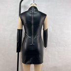 Women's Stand-Collar Faux-Leather Asymmetric Pleated Bodycon Mini Dress