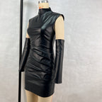 Women's Stand-Collar Faux-Leather Asymmetric Pleated Bodycon Mini Dress