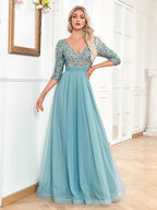 Women's V-Neck Sequin Tulle A-Line Evening Maxi Dress