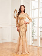 Women's Crew-Neck Sequin Lace Fishtail Evening Maxi Dress