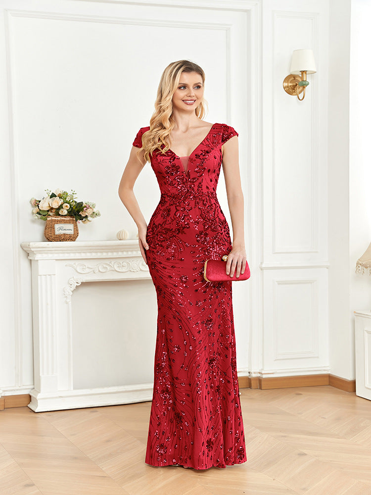 Women's Sequin V-Neck Fishtail Evening Maxi Dress