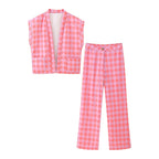Spring Plaid Cotton Coat Jacket Casual Trousers Set