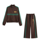 Autumn Winter Printed Stand Collar Zipper Sweatshirt Trousers Pant Two-Piece Set