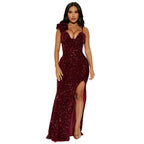 Wear Solid Color Strappys Sequin Maxi Dress Slit Evening