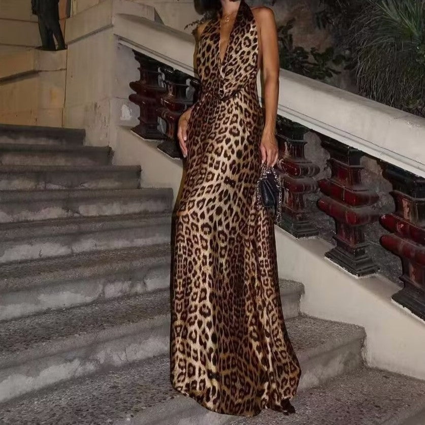 Fashionable Elegant Backless Halter Leopard Print Dress