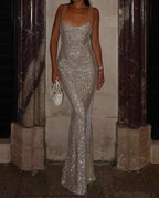 Women's Sequin Tulle Cami Evening Maxi Dress