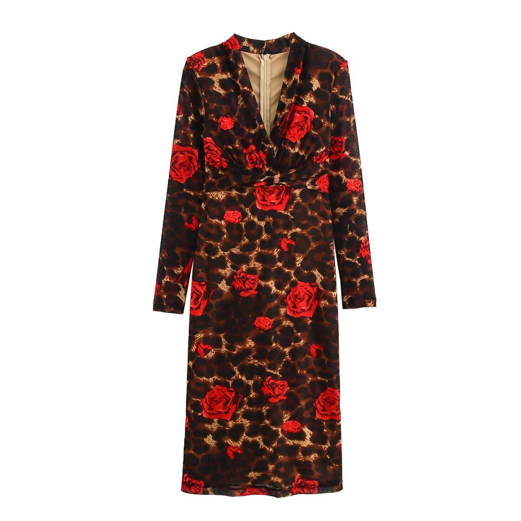 Women's Winter V Neck Slim Knitted Leopard Rose Print Sheath Long Sleeve Dress