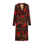 Women's Winter V Neck Slim Knitted Leopard Rose Print Sheath Long Sleeve Dress