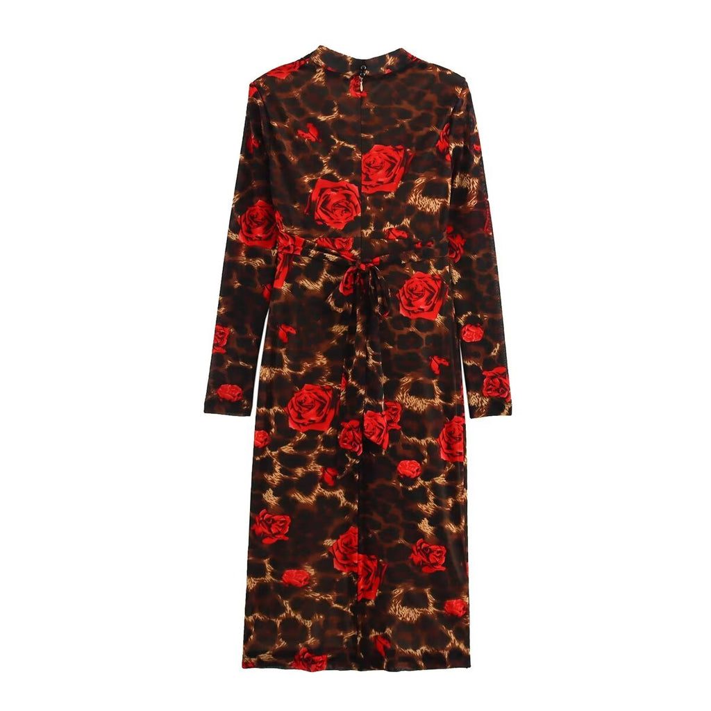 Women's Winter V Neck Slim Knitted Leopard Rose Print Sheath Long Sleeve Dress