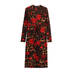 Women's Winter V Neck Slim Knitted Leopard Rose Print Sheath Long Sleeve Dress