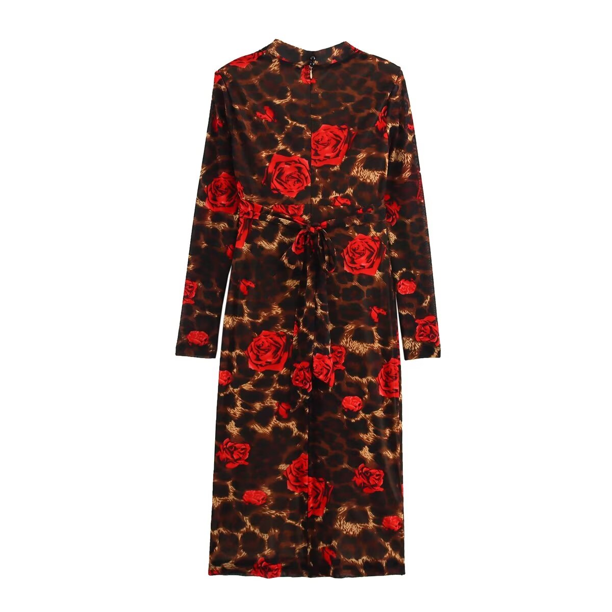 Women's Winter V Neck Slim Knitted Leopard Rose Print Sheath Long Sleeve Dress