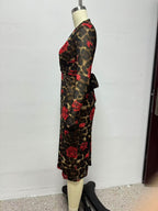 Women's Winter V Neck Slim Knitted Leopard Rose Print Sheath Long Sleeve Dress