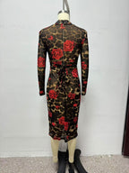 Women's Winter V Neck Slim Knitted Leopard Rose Print Sheath Long Sleeve Dress