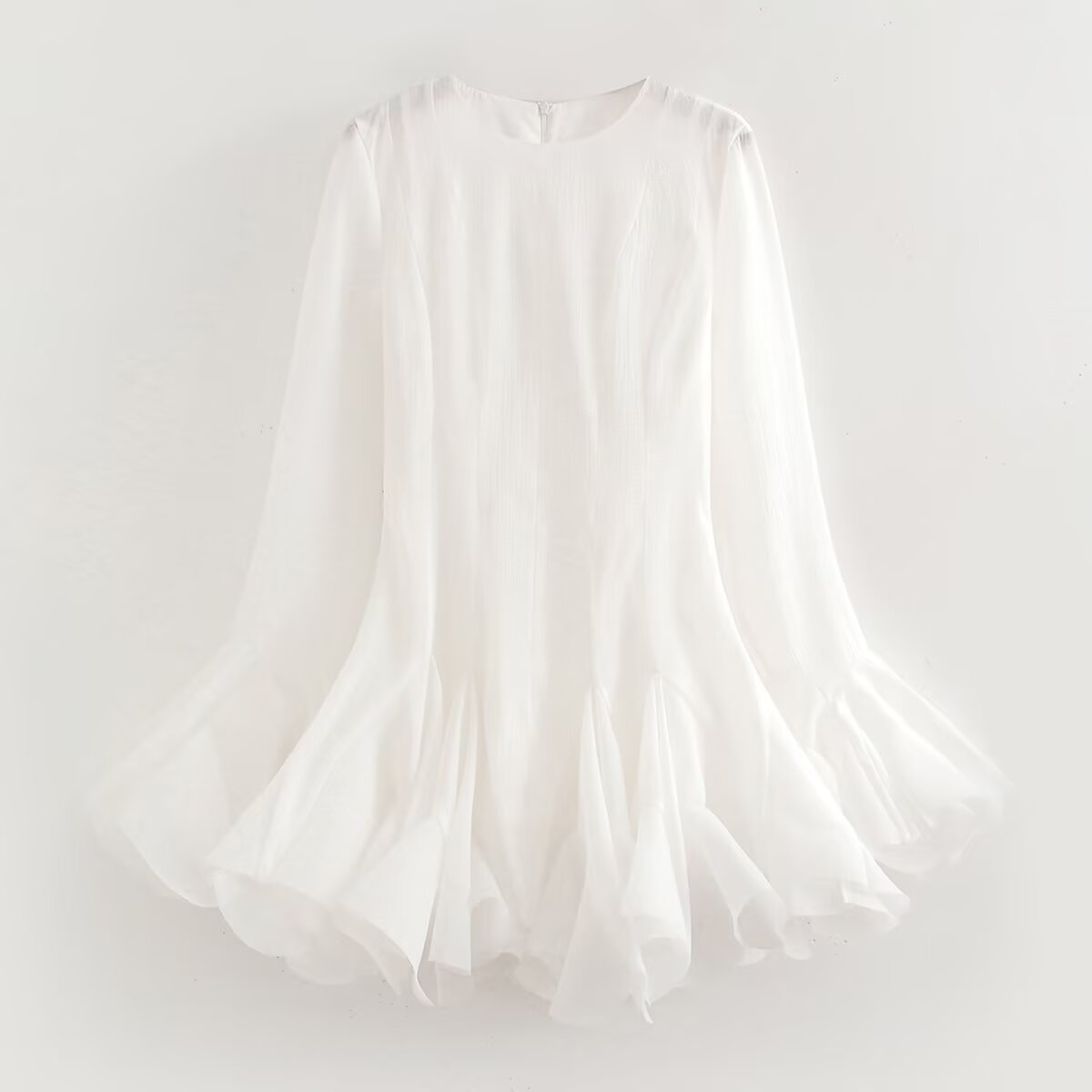 Autumn Women Clothing White Long Sleeve Laminated Ruffled Tulle Dress