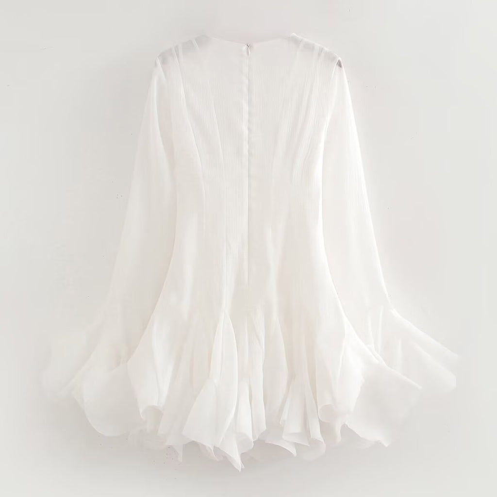 Autumn Women Clothing White Long Sleeve Laminated Ruffled Tulle Dress