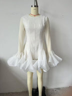 Autumn Women Clothing White Long Sleeve Laminated Ruffled Tulle Dress