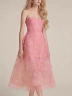 Women's Floral Lace Tulle Sequin A-Line Midi Dress