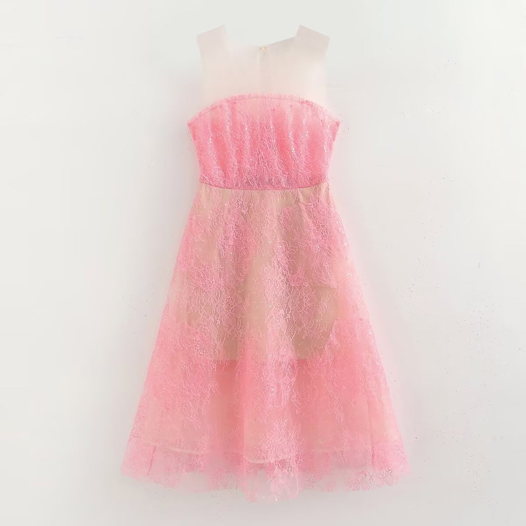 Women's Floral Lace Tulle Sequin A-Line Midi Dress