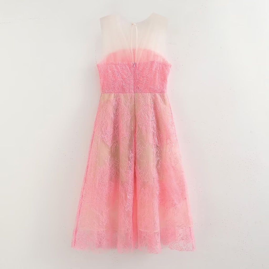 Women's Floral Lace Tulle Sequin A-Line Midi Dress