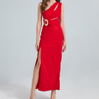 One-Shoulder Cutout Ring-Detail Maxi Dress